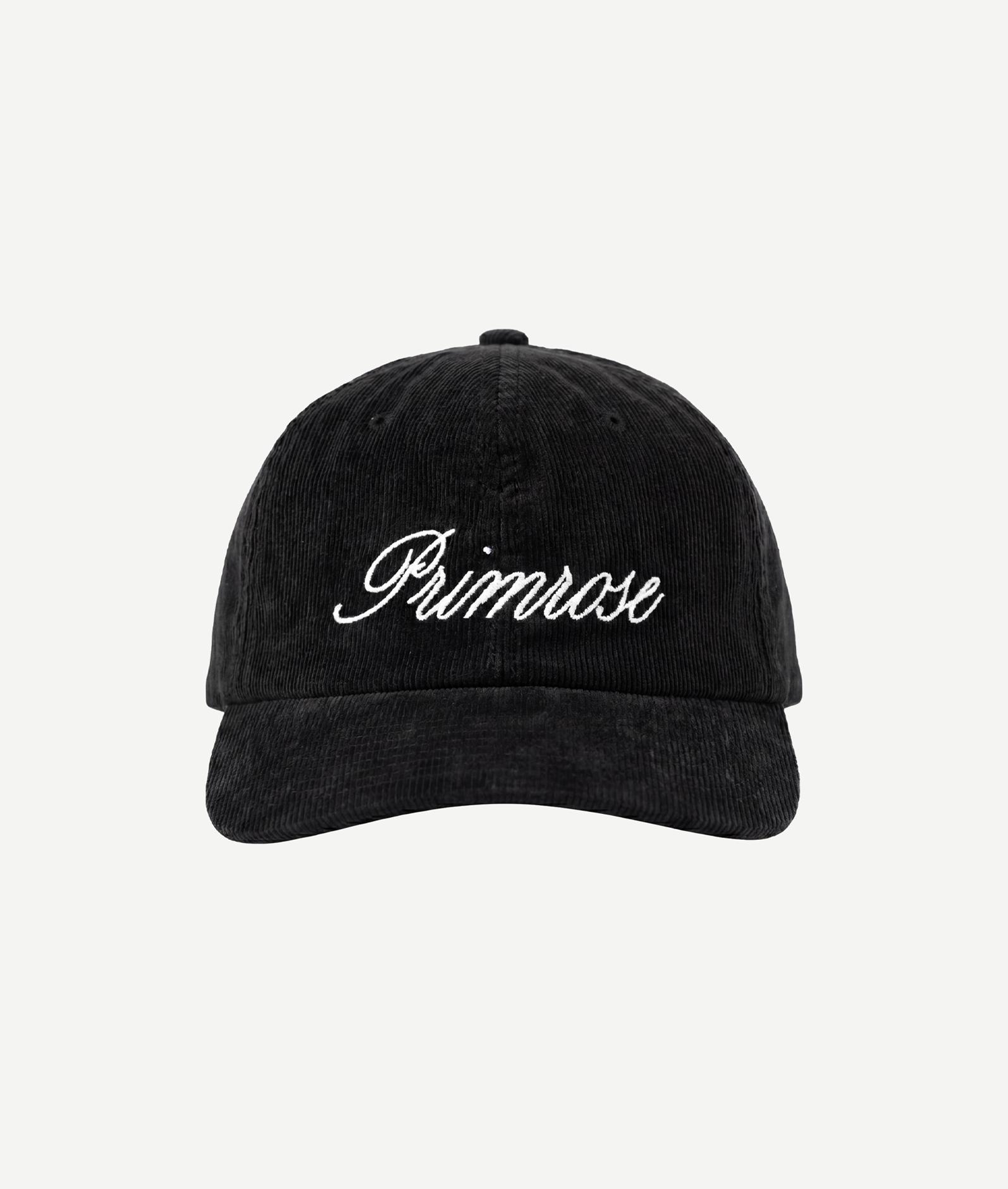 Black cap with 'Primrose' embroidery on a light gray background