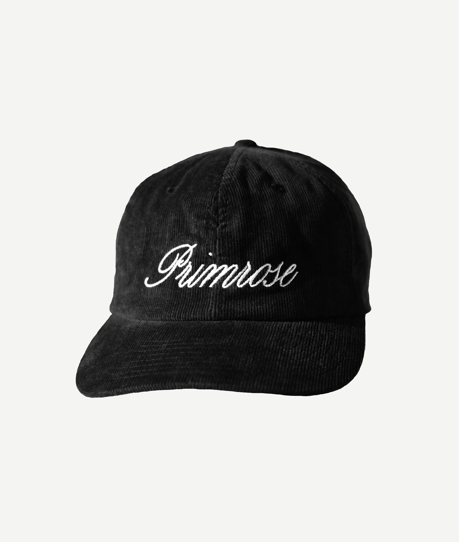 Black corduroy cap with a logo on a white background