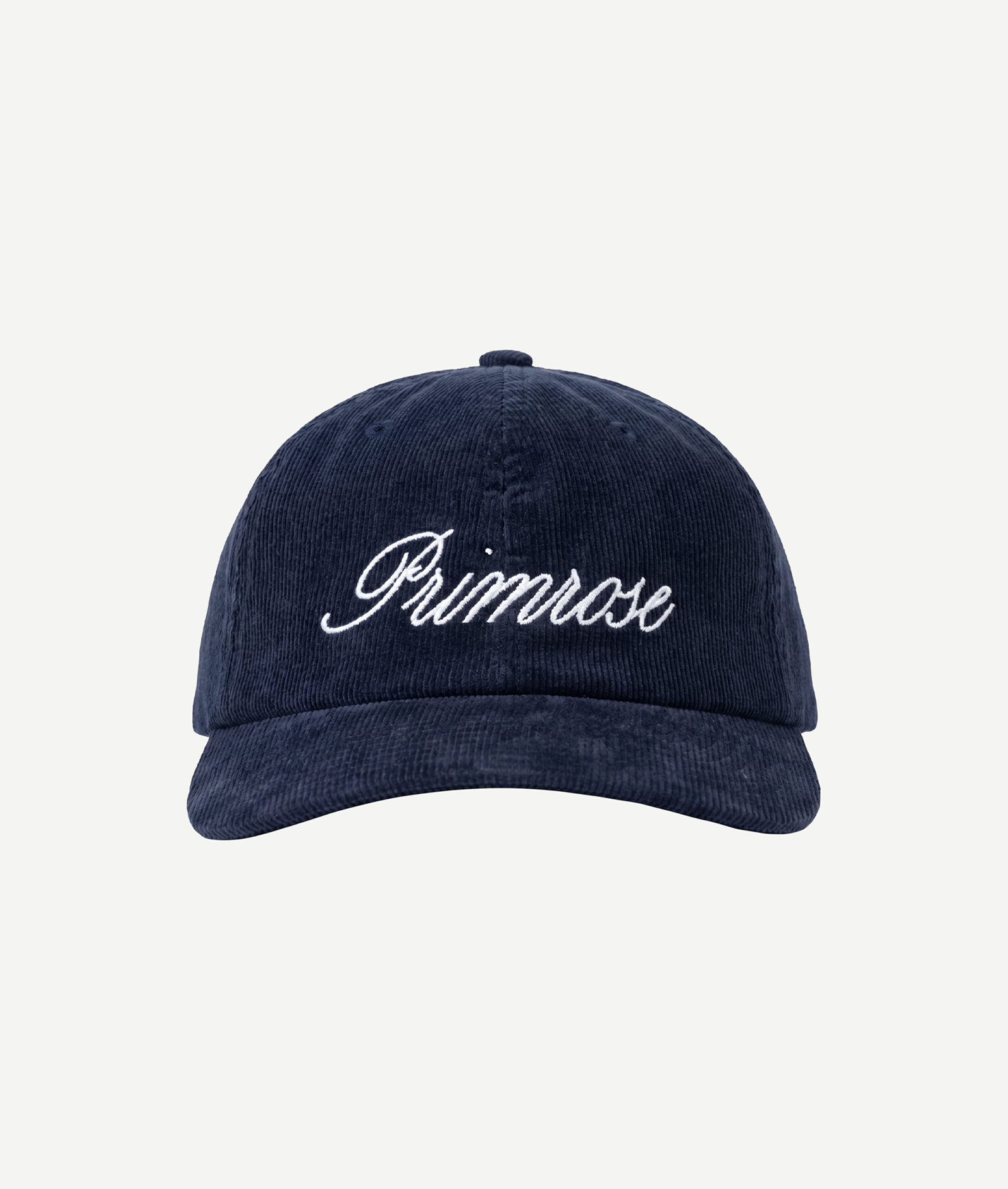 Navy blue cap with 'Primrose' embroidered on a light gray background