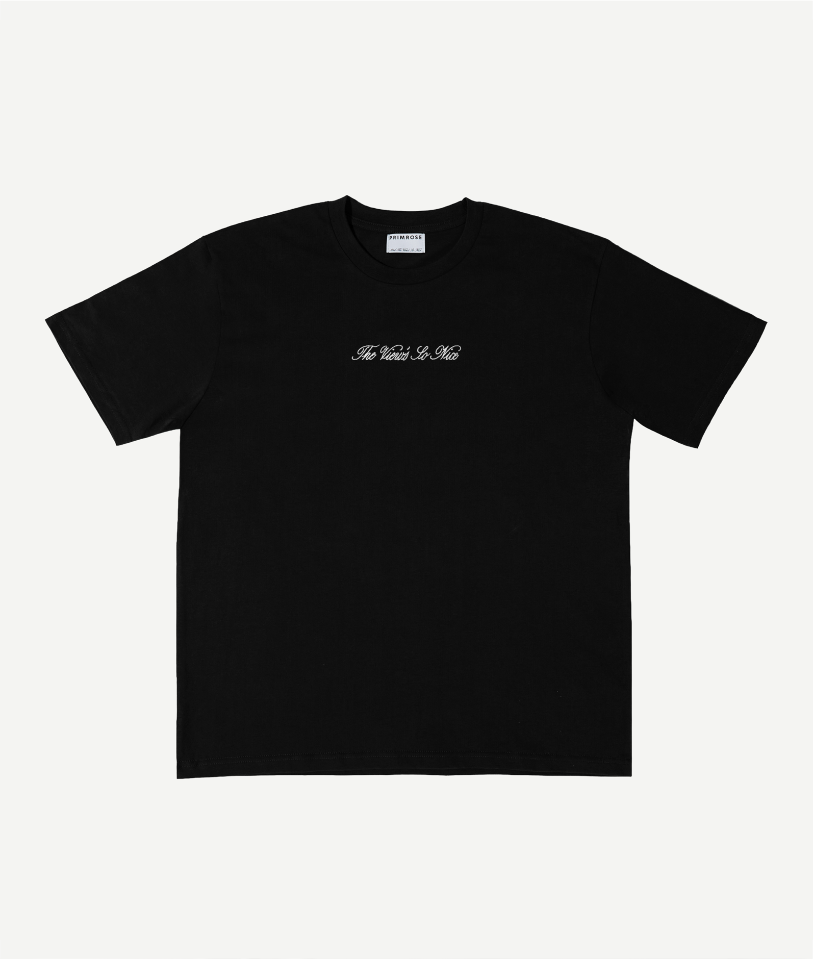Black t-shirt with white text on a light gray background
