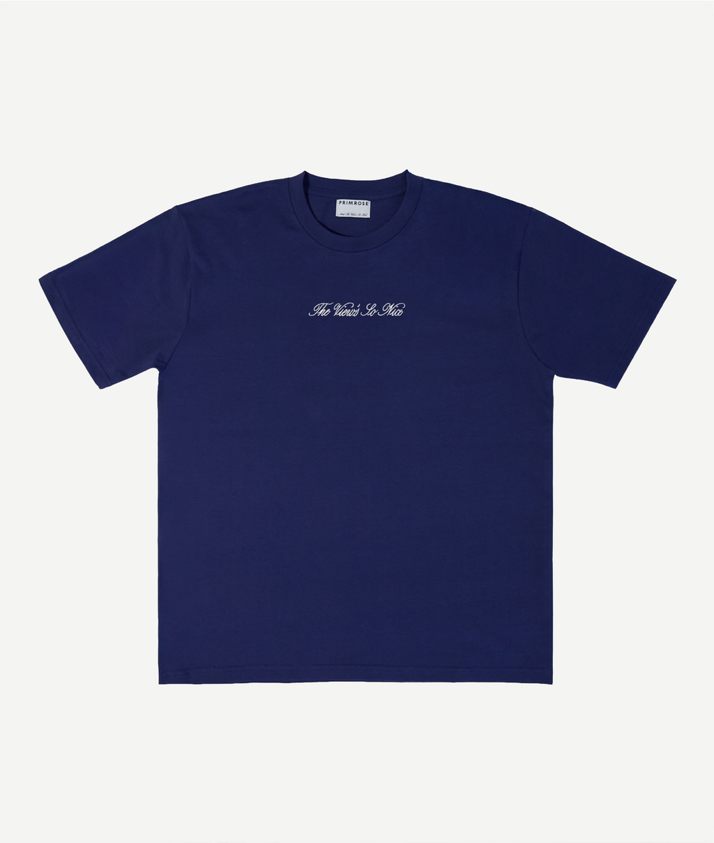 Navy blue t-shirt with white text on a light gray background