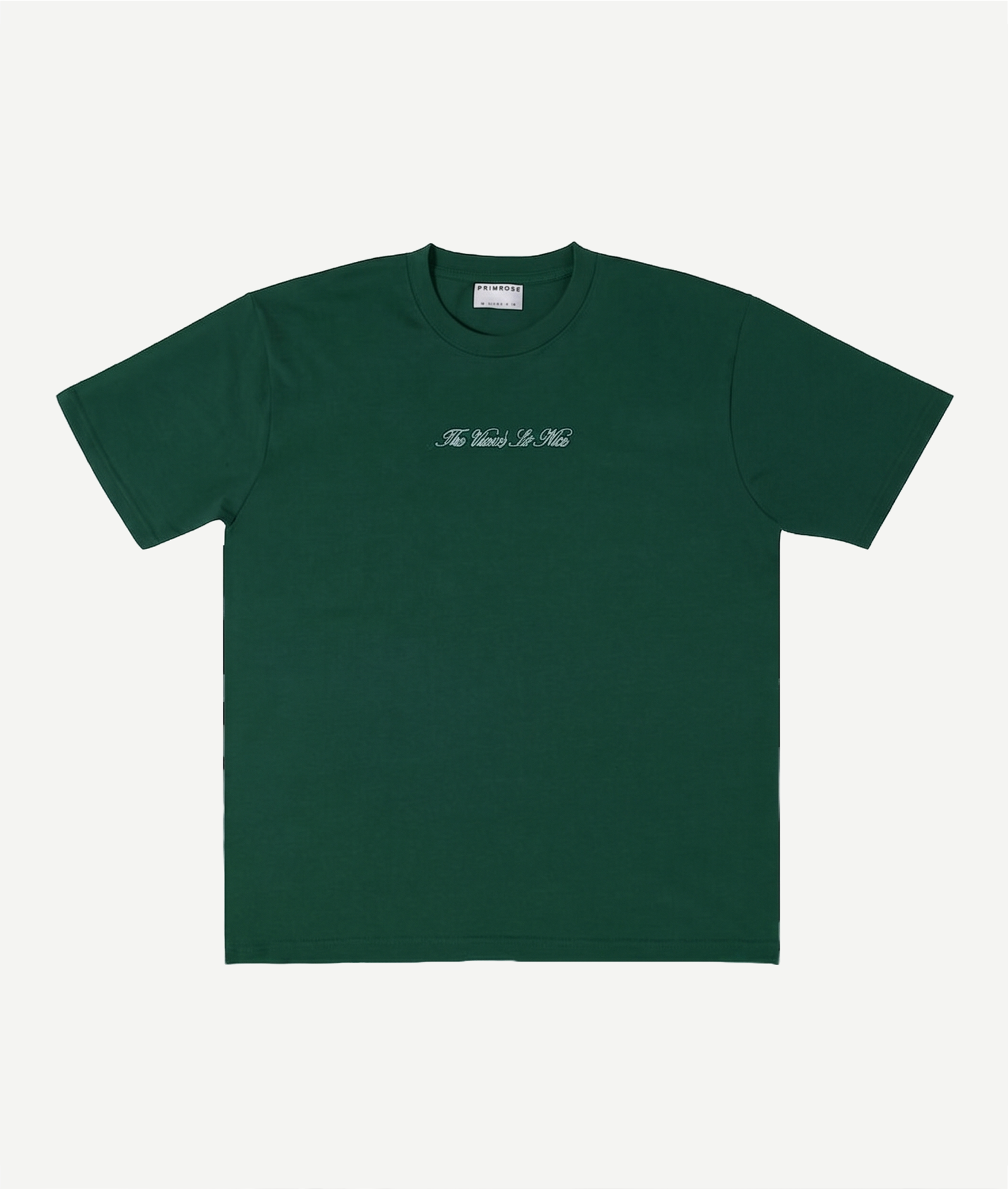 Green t-shirt with white text on a white background