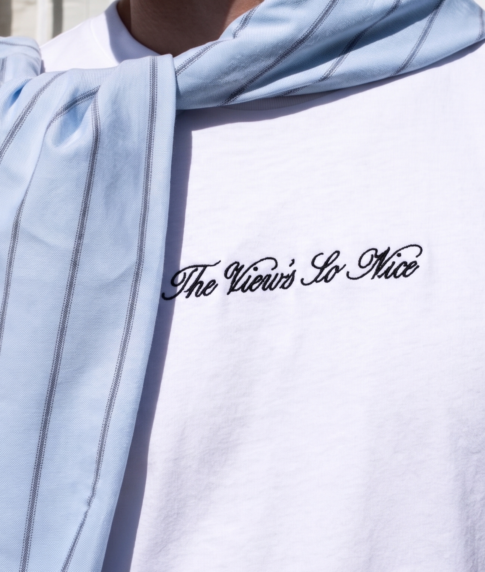 Light blue scarf draped over a white shirt with 'The View's So Nice' text.