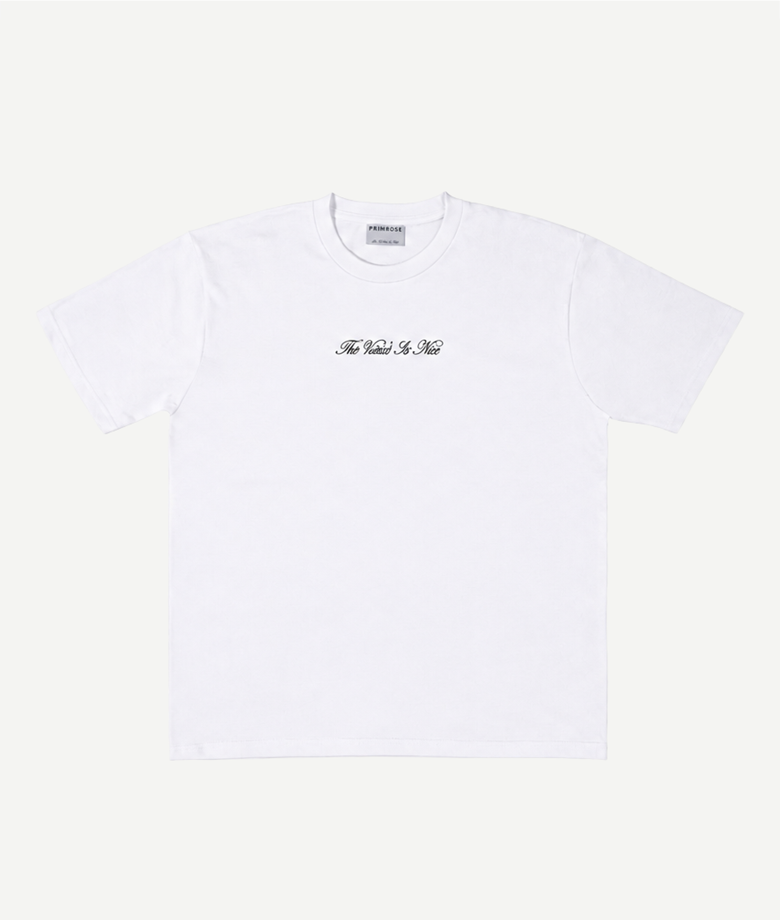 White t-shirt with black text on a white background